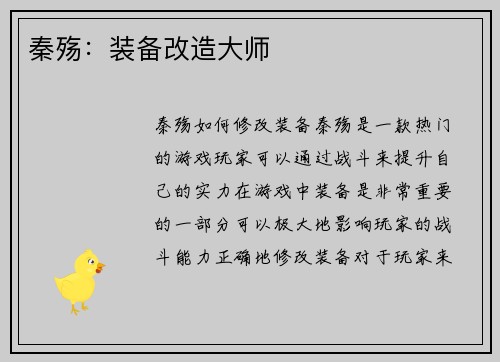 秦殇：装备改造大师